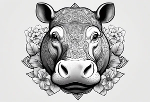 A symbolic hippo head with a detailed realistic full moon on upper right corner and wintersweet flower on lower left corner, looking like a totem tattoo idea