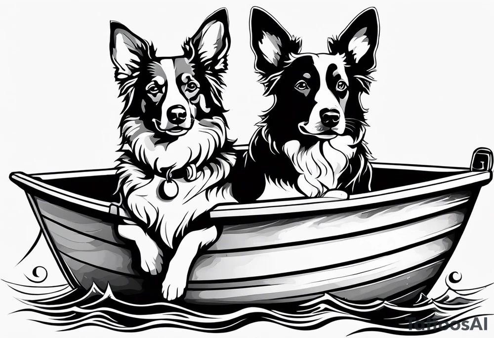 two dogs in a boat. One dog is tan with big ears like a chihuahua. The other dog is black and white and looks like an australian shepherd with floppy ears tattoo idea