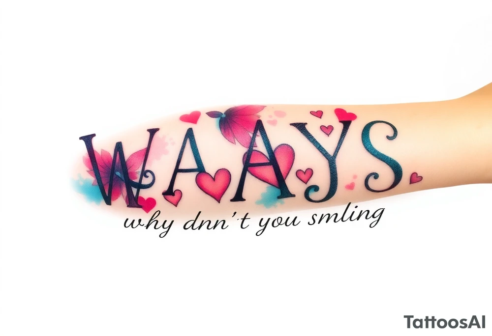 W.A.Y.S spelled out with why aren’t you smiling under neath it with hearts with 444 tattoo idea