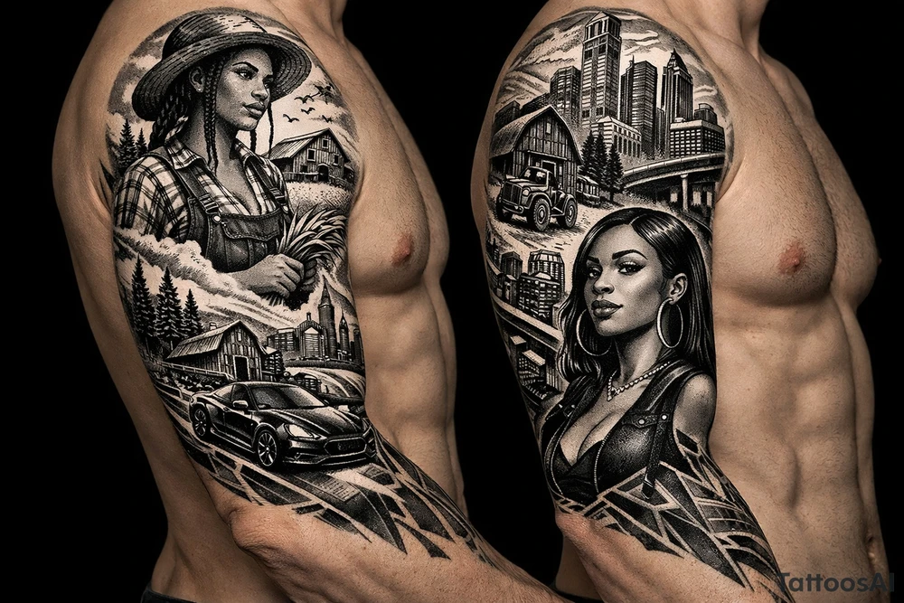 Black Country Mas presenting Girl from farmlands of North Florida to Black Mas presenting City girl of Metro Atlanta on a leg sleeve tattoo idea