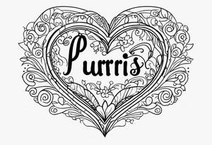 a heart with the word "Purris" above it, and "i love you" under it tattoo idea