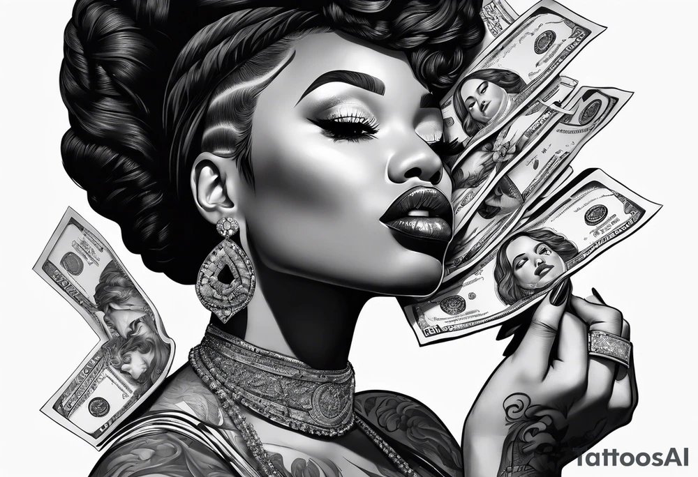 black woman with money in her mouth tattoo idea