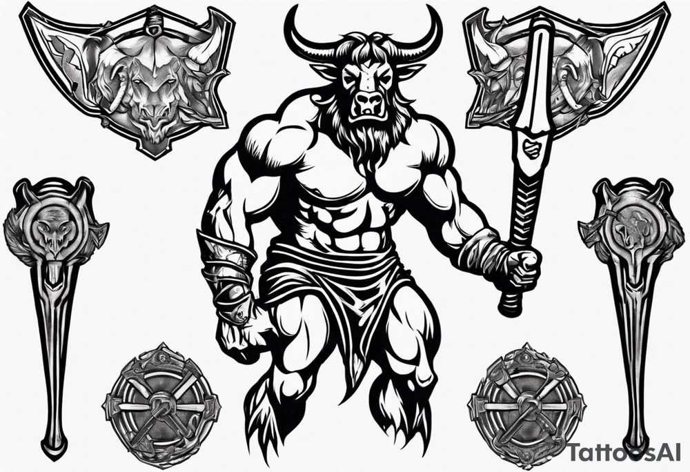 thigh tattoo of a minotaur with a double-edged axe tattoo idea