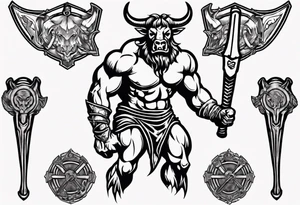 thigh tattoo of a minotaur with a double-edged axe tattoo idea