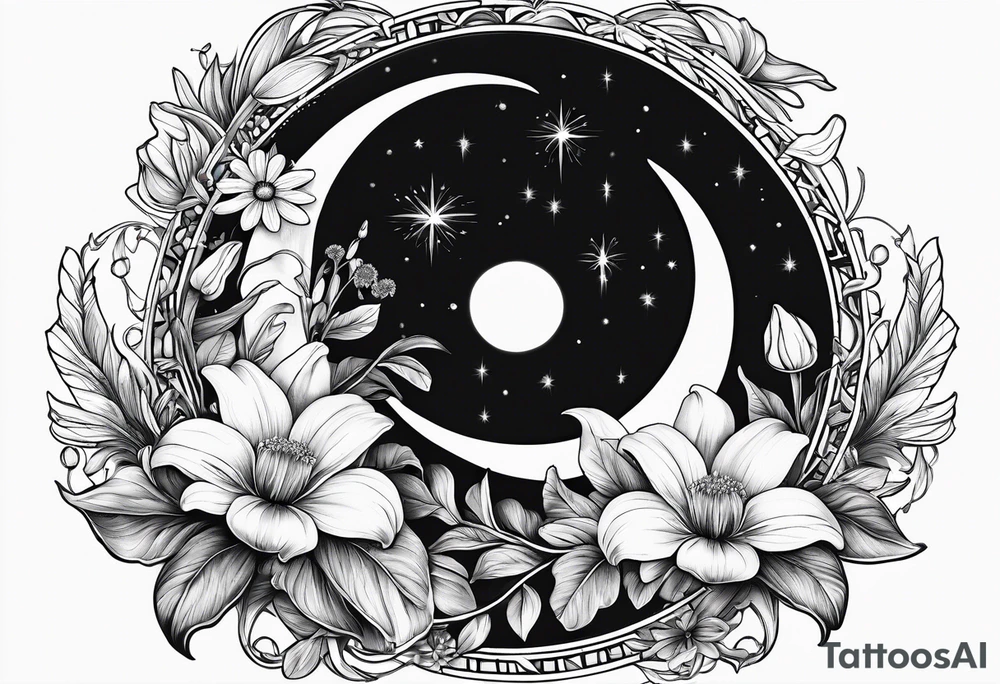 Crescent moon with daisy's, lily’s, crystals, and mushrooms tattoo idea