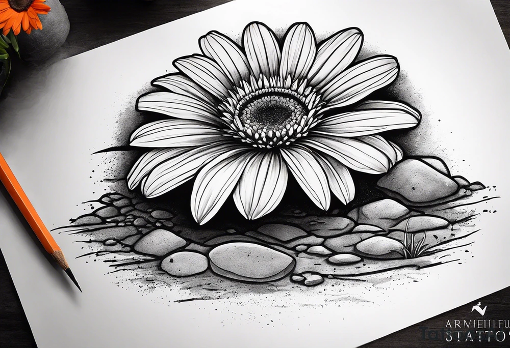 Create a tattoo of a flat topped granite rock with a base under the ground line that is pointed and deep, surrounded by freshly tilled and raked soil ready to be planted and under ground in front of the rock, a seed planted and pushing through the soil with a beautiful orange Gerber daisy tattoo idea