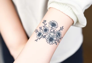 Feminine minimalist black and white bracelet/ cuff style with larkspur, peony and chrysanthemum flowers tattoo idea