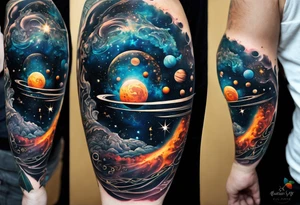 A tattoo featuring a cosmic scene with planets, black holes, and supernovae intertwined with intricate linguistic symbols, reflecting the client's interests in cosmology and linguistics. tattoo idea