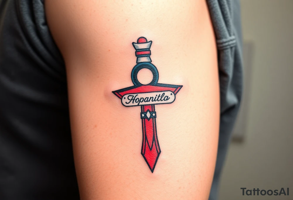 A Hand Holding an Ankh with a Name Written Inside(only red , blue and black are possible colors) tattoo idea