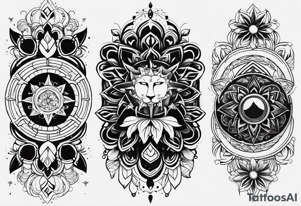 Design a sleeve arm tattoo that symbolizes power, peace and love with the sun and moon and with flowers and butterflies but also shows masculinity. I want to see spirituality and chakra symbols tattoo idea