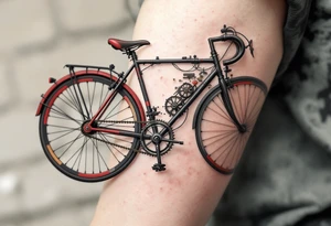 A bicycle with an oversized front wheel, painted in matte black with a touch of red and gray for a steampunk vibe. tattoo idea