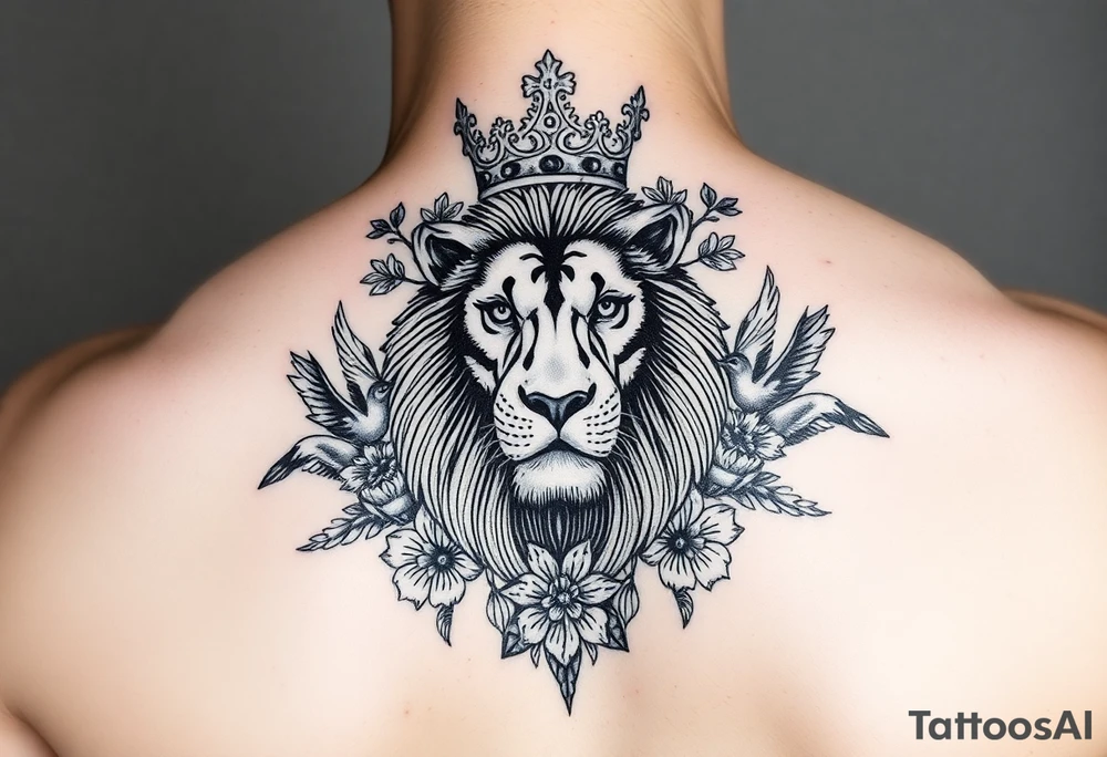powerful majestic lion with a crown, surrounded by floral ornaments and birds tattoo idea