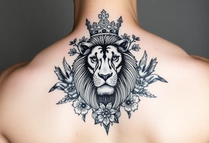 powerful majestic lion with a crown, surrounded by floral ornaments and birds tattoo idea
