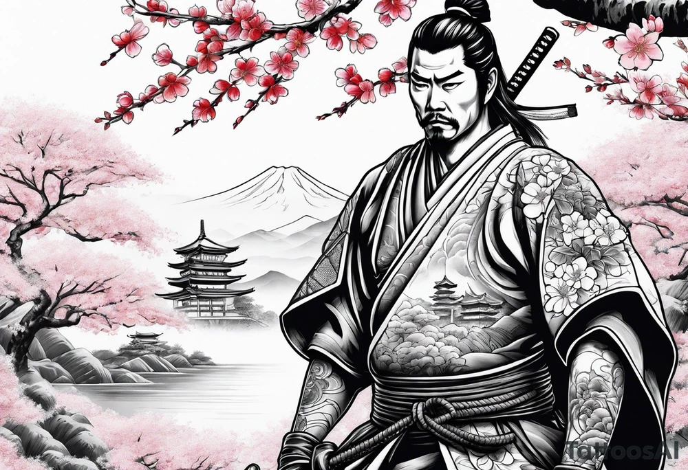 japanese samurai with cherry blossom trees in the back round and japanese traditional tattoos. tattoo idea