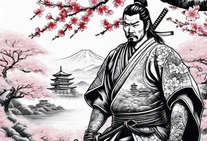 japanese samurai with cherry blossom trees in the back round and japanese traditional tattoos. tattoo idea