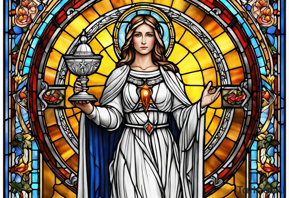 holy saint woman with halo stained glass holding a chalice with artillery tattoo idea