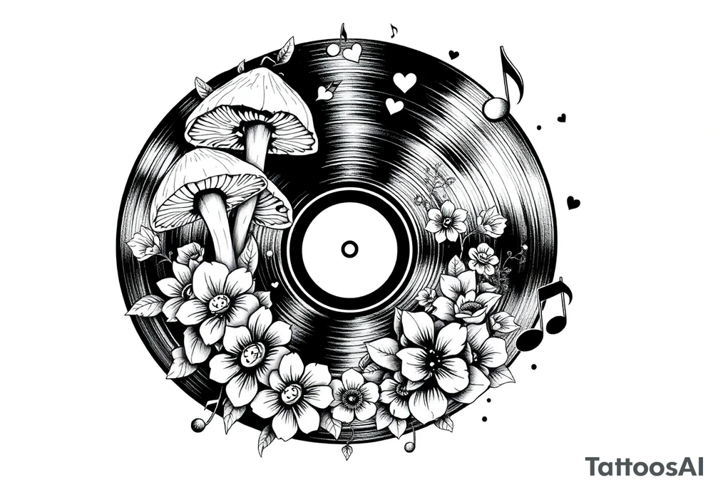 vinyl record with mushrooms, flowers, hearts, and music notes tattoo idea