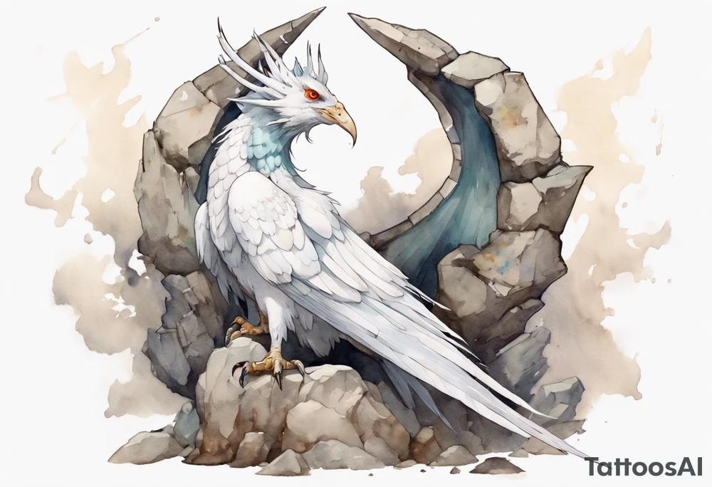 a white bird-wyvern hybrid, wearing a plain iron crown on head, perched on a stone tattoo idea