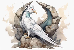 a white bird-wyvern hybrid, wearing a plain iron crown on head, perched on a stone tattoo idea