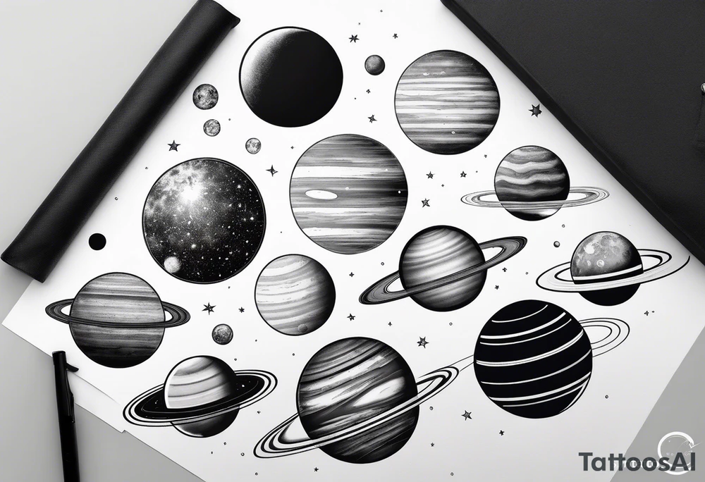 an accurate depiction of our solar system with each planet named in a sleeve tattoo format, minimalistic with thin lines and a lot of empty unfilled space tattoo idea