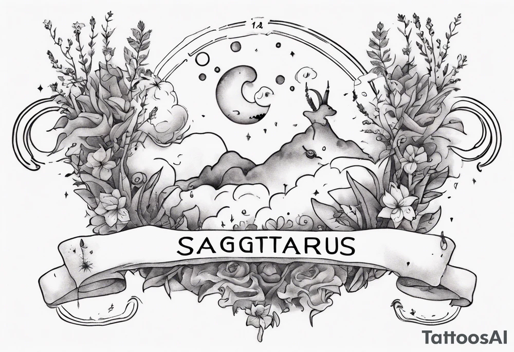 a forearm tattoo with a cloud with little plants around the word sagittarius and underneath it the date 12.08.05 tattoo idea