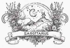 a forearm tattoo with a cloud with little plants around the word sagittarius and underneath it the date 12.08.05 tattoo idea