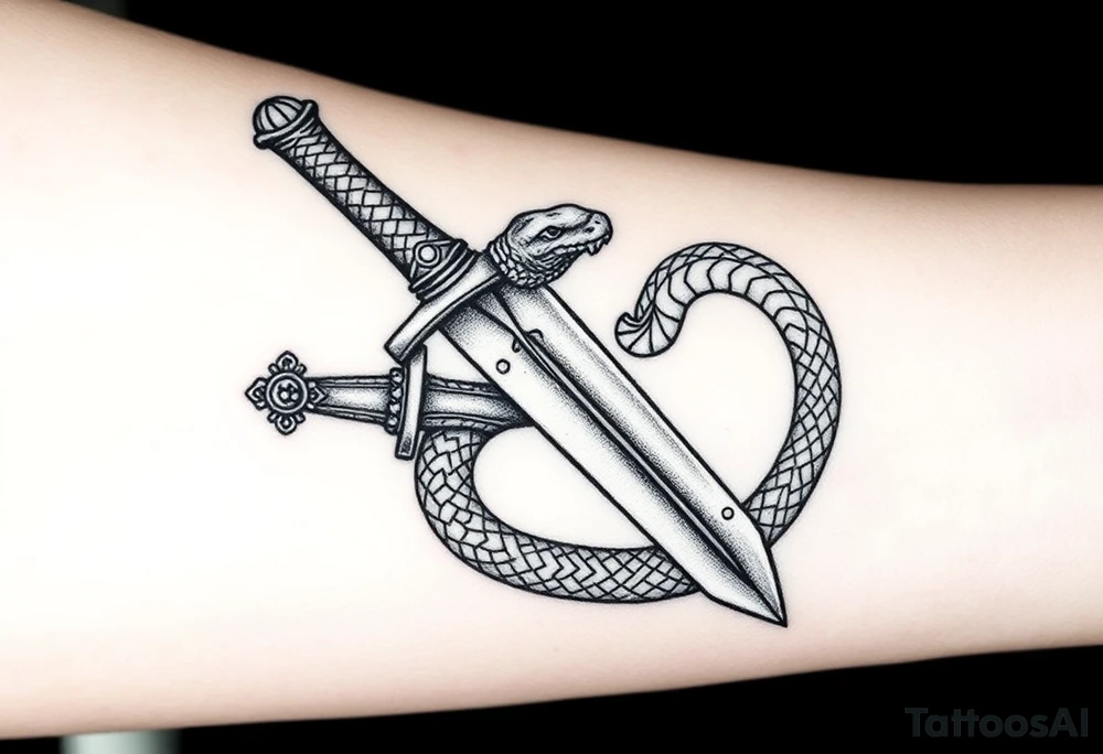 mystical snake coiled around an ancient dagger with jeweled hilt make it BIG tattoo idea