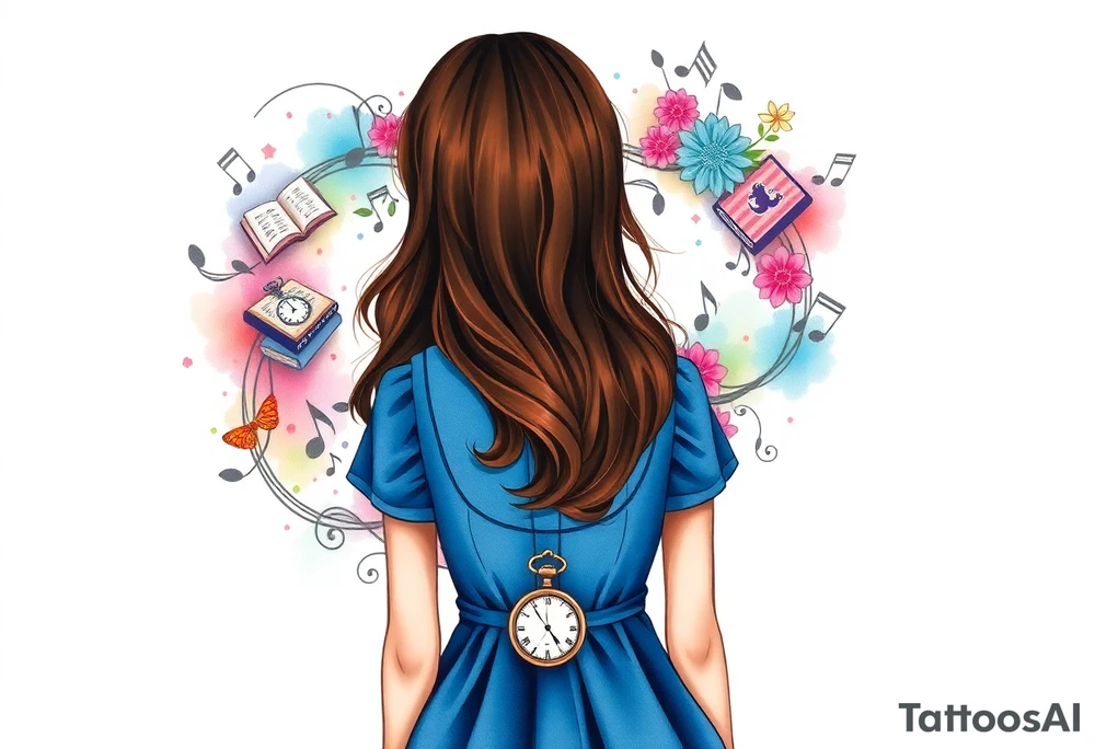 Back view of the silhouette of a brown hair girl in a blue dress. She is following a colorful swirl with music notes, books, and flowers. A pocket watch is at the end of the swirl. tattoo idea