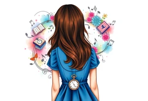 Back view of the silhouette of a brown hair girl in a blue dress. She is following a colorful swirl with music notes, books, and flowers. A pocket watch is at the end of the swirl. tattoo idea