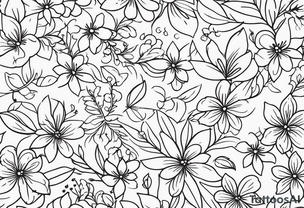 “Generate a subtle botanical tattoo with soft, flowing lines, showcasing tiny flowers and leaves arranged in a delicate pattern tattoo idea