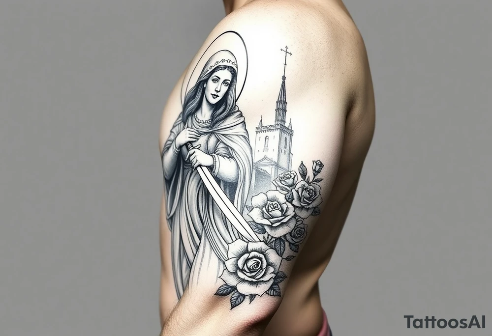 Saint Barbara carrying a sword detailed with a castle tower in the background, and roses tattoo idea