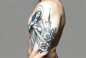 Saint Barbara carrying a sword detailed with a castle tower in the background, and roses tattoo idea