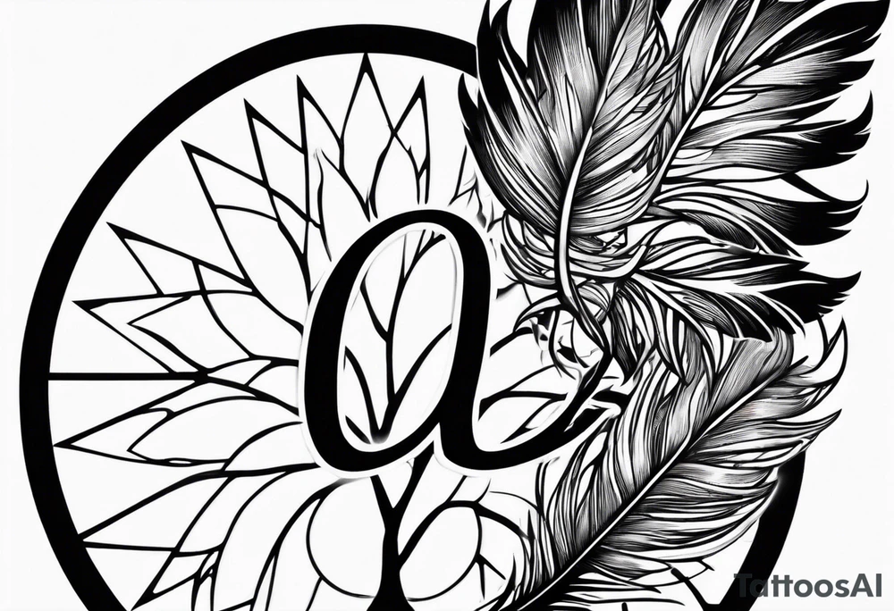 tattoo drawing of a feather with a circle of life tree inside tattoo idea