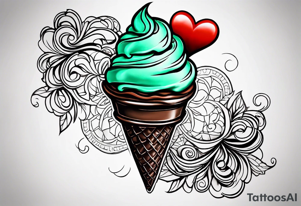 simple mint chocolate chip ice cream cone with small red heart on it somewhere. tattoo idea