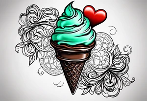 simple mint chocolate chip ice cream cone with small red heart on it somewhere. tattoo idea