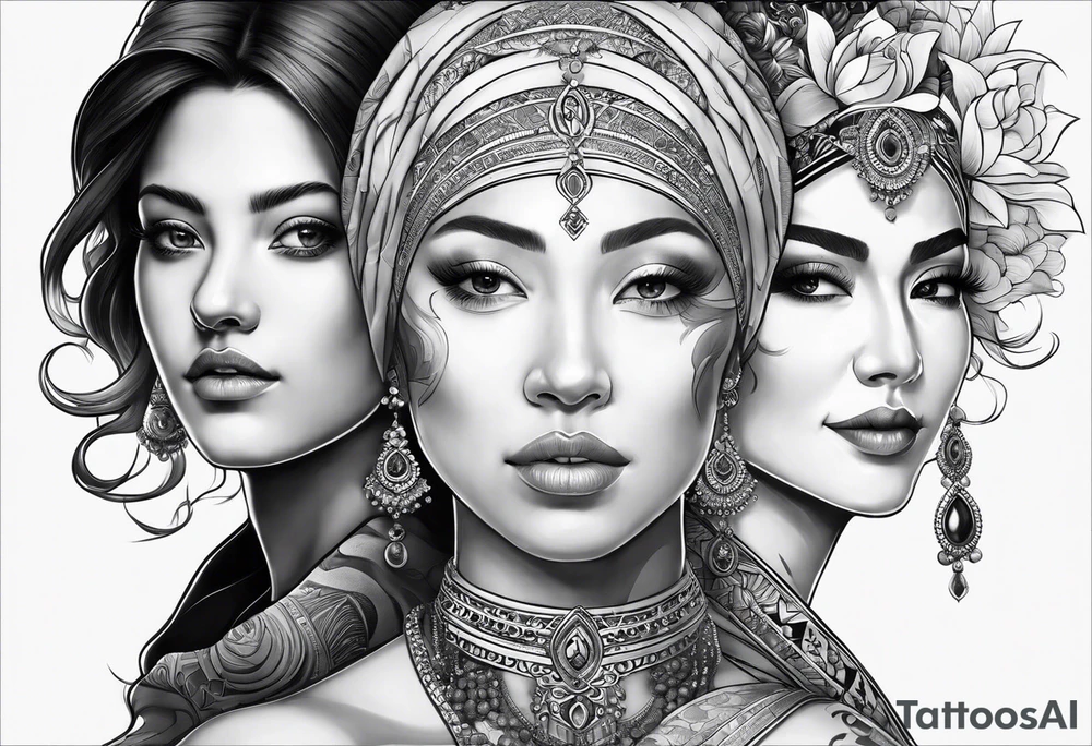 three person side by side. a really young Daughter on the left, mother in the middle, really old grandmother on the right. greater age difference tattoo idea