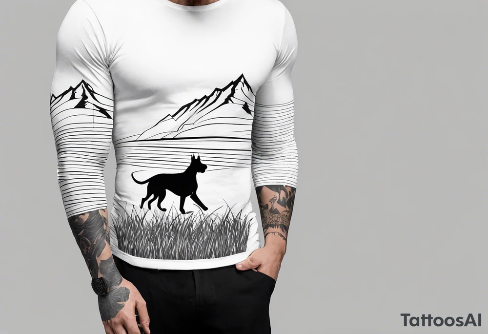 Men’s full arm sleeve. Rolling fields and mountains with 4 Great Dane dogs running in the field tattoo idea