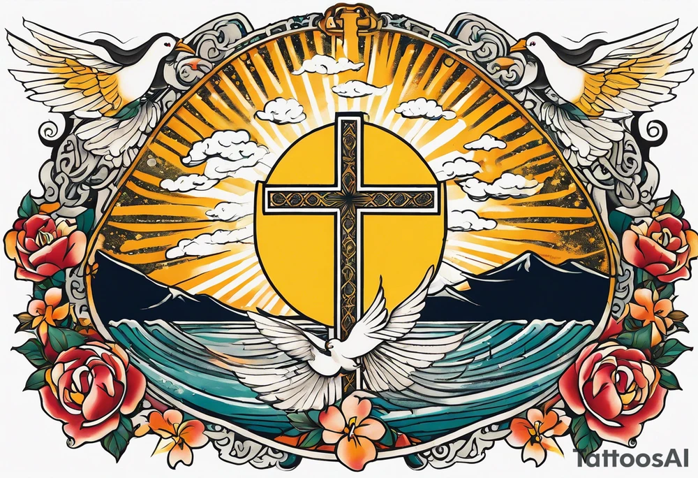 Forearm tattoo cross with rays of sun and doves flying with a Bible verse Jeremiah 29:11 tattoo idea