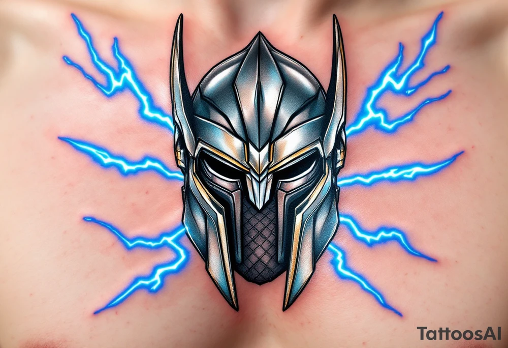 A stylized Thor helmet tattoo, metallic and battle-worn, with bright blue lightning bolts surrounding it, in silver, grey, and electric blue. tattoo idea