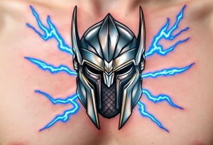 A stylized Thor helmet tattoo, metallic and battle-worn, with bright blue lightning bolts surrounding it, in silver, grey, and electric blue. tattoo idea