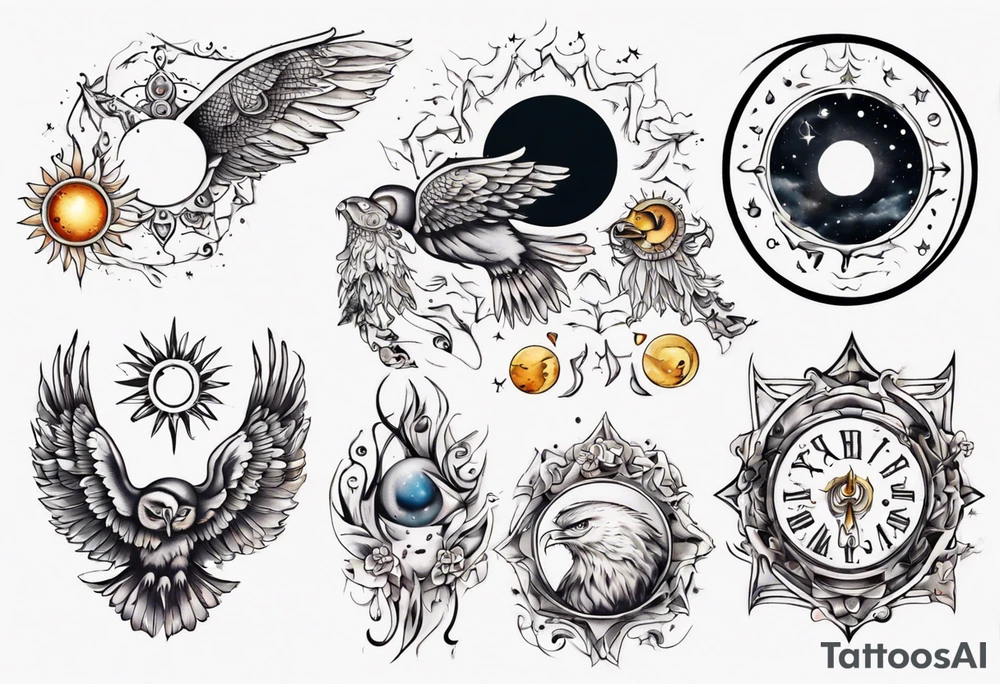 Mond und Sonne mit Eule und Wassermann tattoo idea