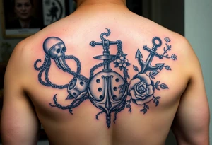 Squid and knight and anchor combined with chains, tree roots, cherry blossoms and roses rolling dice tattoo idea