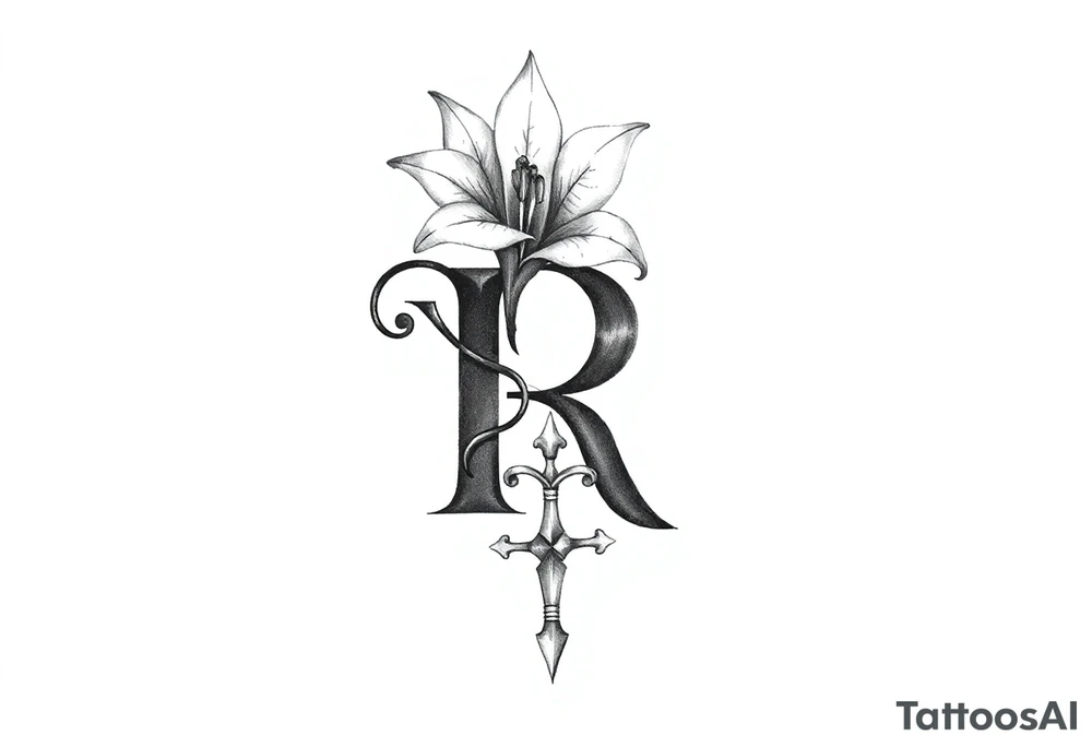 Give me a 'R' with a lily come out the top and a Sagittarius at the bottom tattoo idea