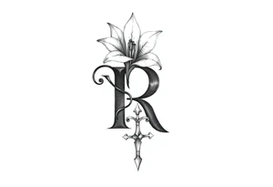 Give me a 'R' with a lily come out the top and a Sagittarius at the bottom tattoo idea