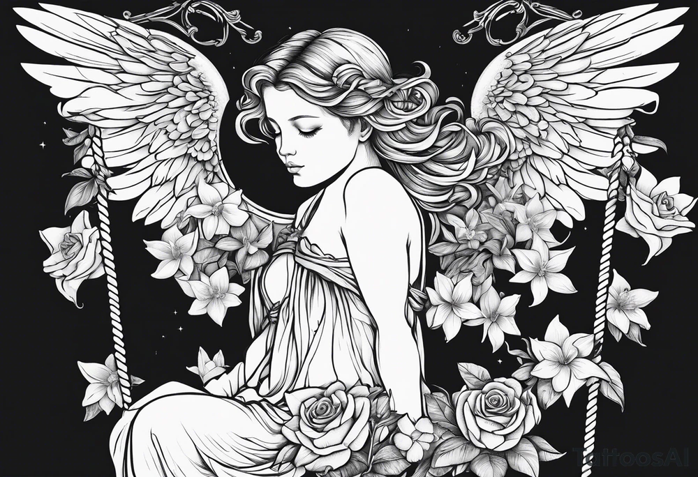 sad angel on swing with sagging wings, with head down surrounded by lily, daffodil, rose, daisy, narcissus tattoo idea