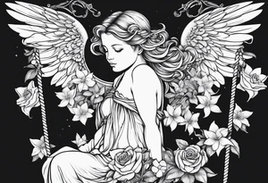 sad angel on swing with sagging wings, with head down surrounded by lily, daffodil, rose, daisy, narcissus tattoo idea