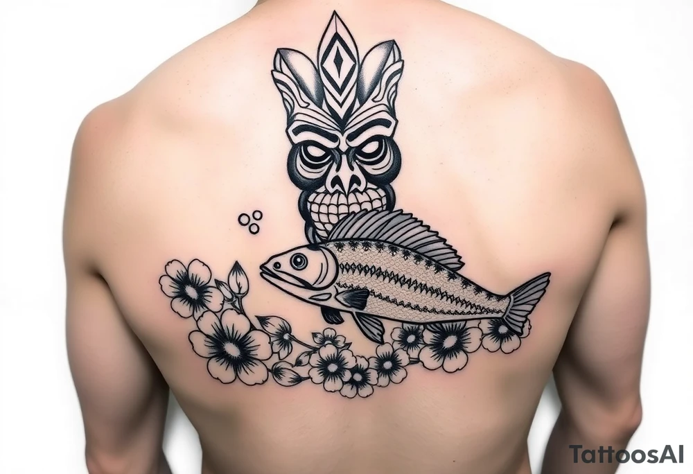 Tiki, Blumen, Wellen, Tintenfisch, Schildkröte, #299 (Klein), schwarz, old school tattoo idea