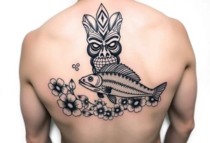 Tiki, Blumen, Wellen, Tintenfisch, Schildkröte, #299 (Klein), schwarz, old school tattoo idea
