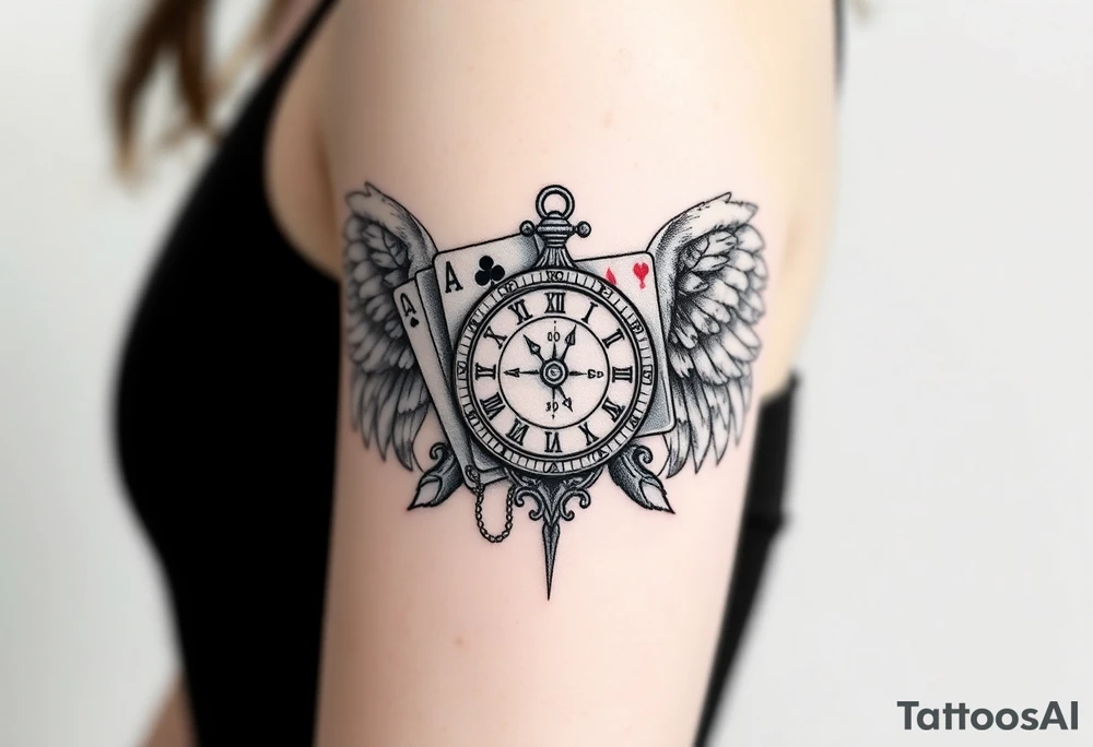 Slot machine cards compass and clock with angel wings tattoo idea