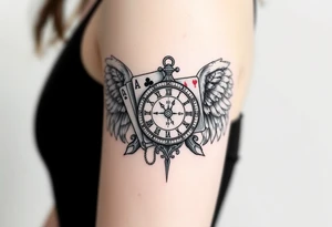 Slot machine cards compass and clock with angel wings tattoo idea